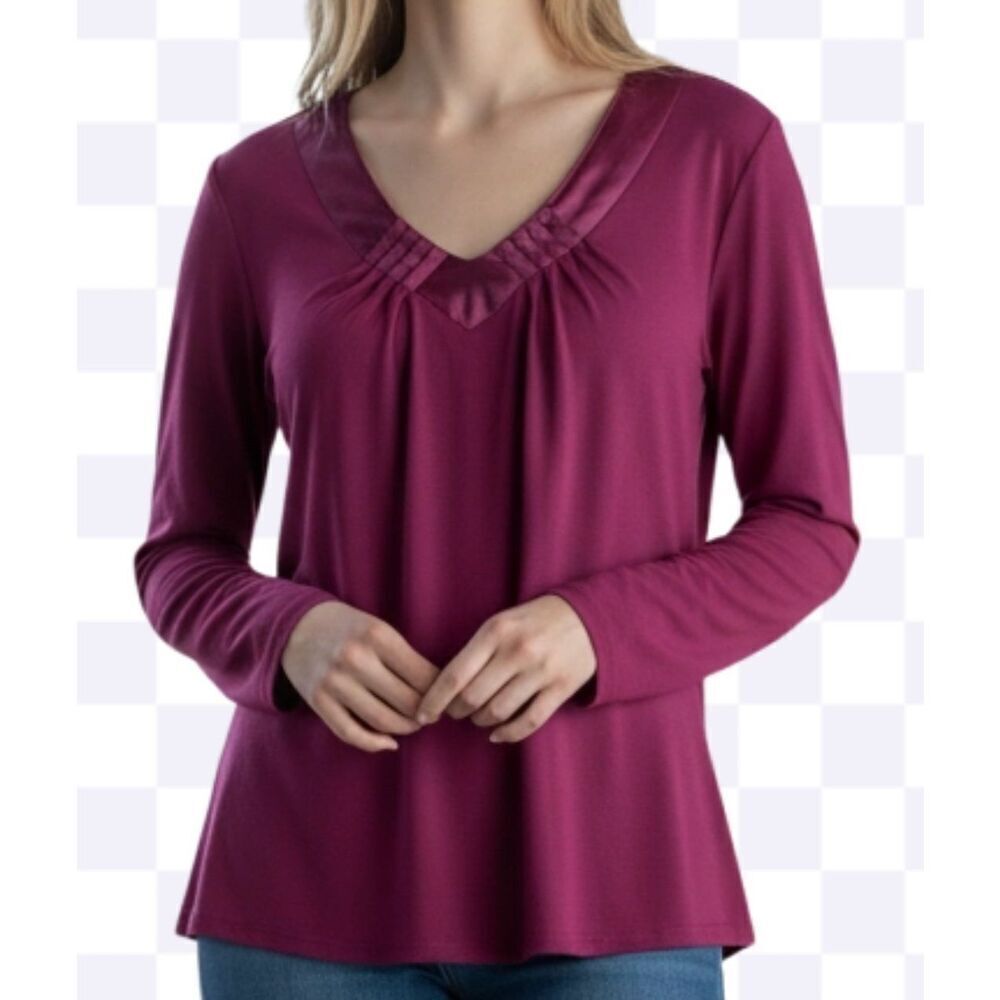 Niotto Pleated V-Neck Blouse Fuscia Long Sleeve Rayon Top Womens Plus Size 1X